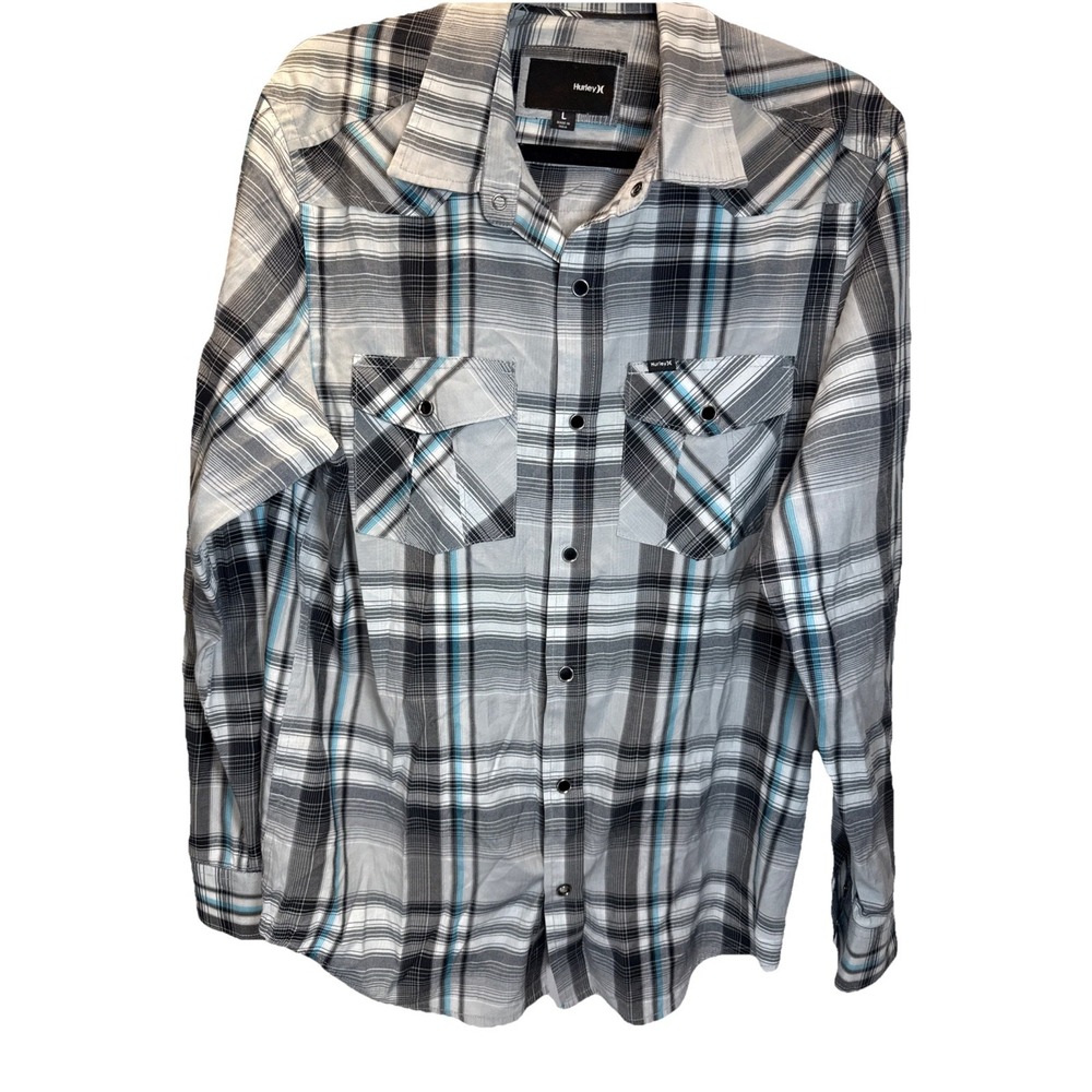 Hurley Men's Large Long Sleeve Snap Up Shirt Gray With Blue/Black Stripes